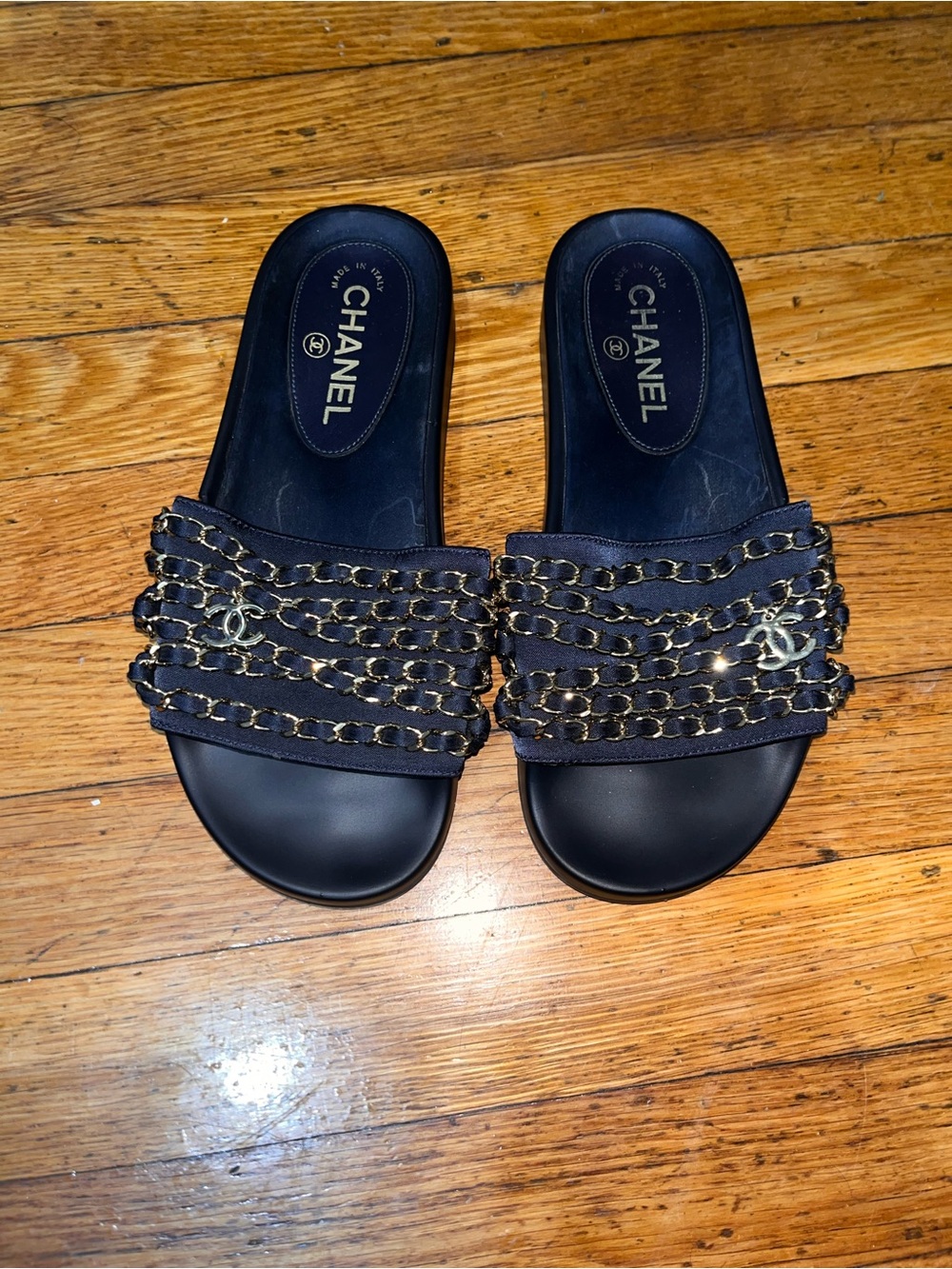 CHANEL Black Slide Sandals with Gold Chain Trim